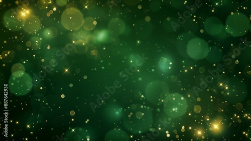 Dark green abstract background with a bokeh circle and shiny stars. New year, birthday, holidays celebration.