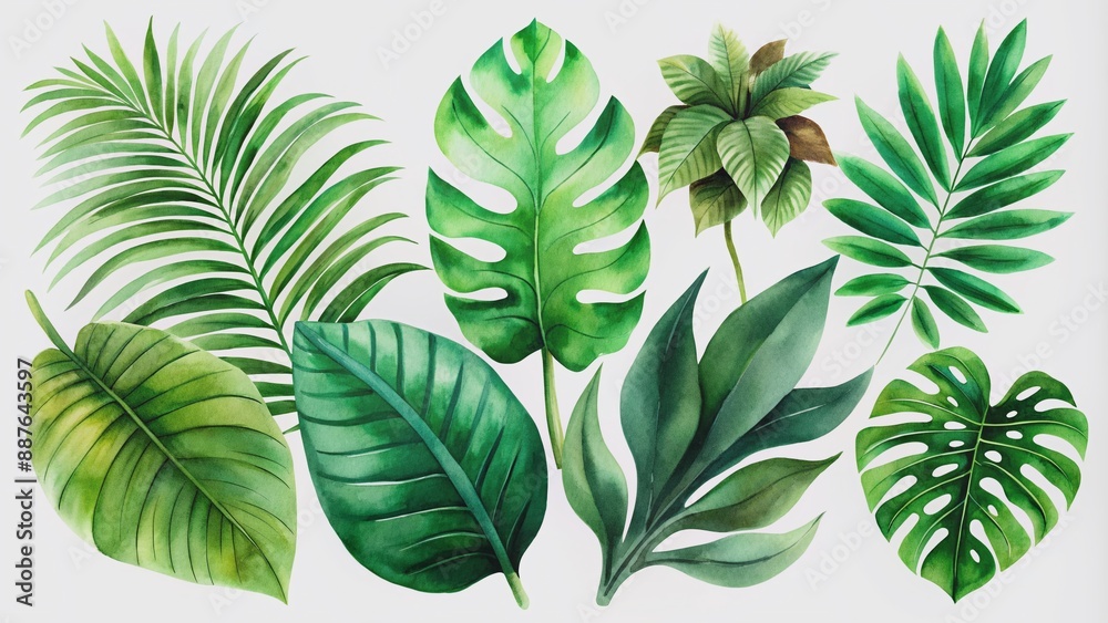 Collection of green leaves of tropical plants bush (Monstera, palm, rubber plant, pine, bird's nest fern). PNG, cutout, or clipping path...