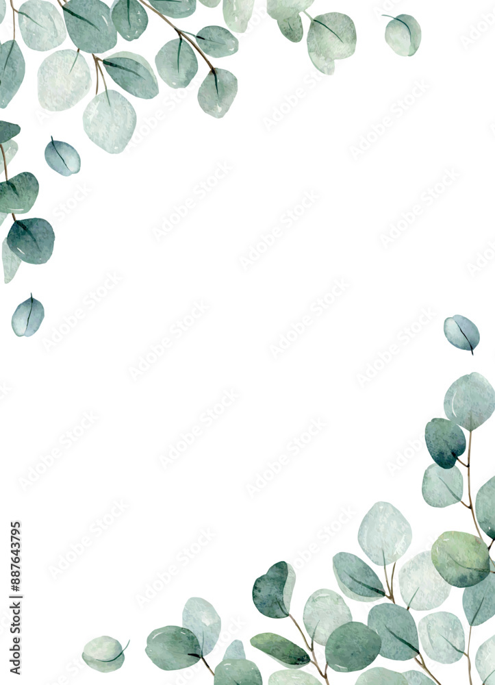 Obraz premium Floral illustration with eucalyptus leaves. Watercolor botanic vector frame for wedding or greeting card.