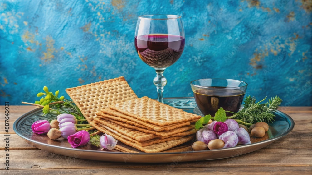 Elegant still life arrangement featuring traditional Passover elements including matzo, Kiddush wine, and decorative seder plate on a soft blue background. Elegant still life arrangement featuring traditional Passover elements including matzo, Kiddush wine, and decorative seder plate on a soft blue background.
