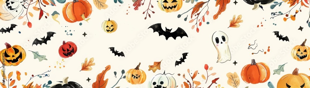 Fototapeta premium Festive Halloween pattern with pumpkins, bats, ghosts, and seasonal leaves, perfect for holiday decor and backgrounds.
