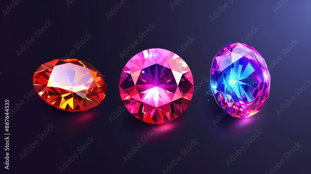 Fototapeta premium Vibrant and colorful gemstones displayed on a dark background, showcasing their brilliance and intricate cuts in various shades of red, pink, and blue.