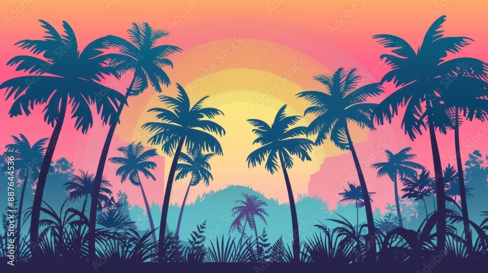 Obraz premium Tropical sunset with silhouetted palm trees against a vibrant, colorful sky creating a serene and exotic atmosphere.