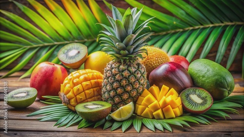 Vibrant tropical fruits such as pineapple, mango, and kiwi adorn a rustic wooden table against a lush green palm leaves backdrop.