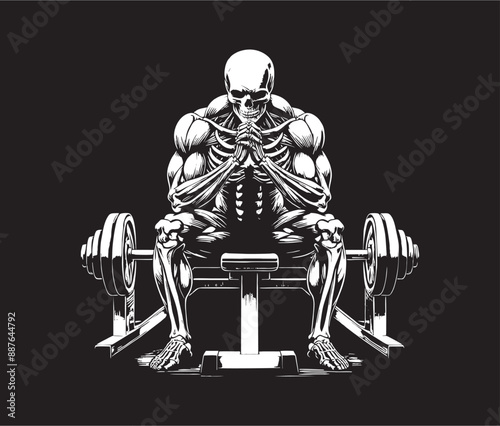 Skull of Body Builder Posing Sitting at Banch White on Black Tattoo Style Gym Vector T-shirts and Wall Decar Workout Athletic Gym Muscle Logo Fitness Beast Barbell Bodybuilding Healthy Wall Sticker