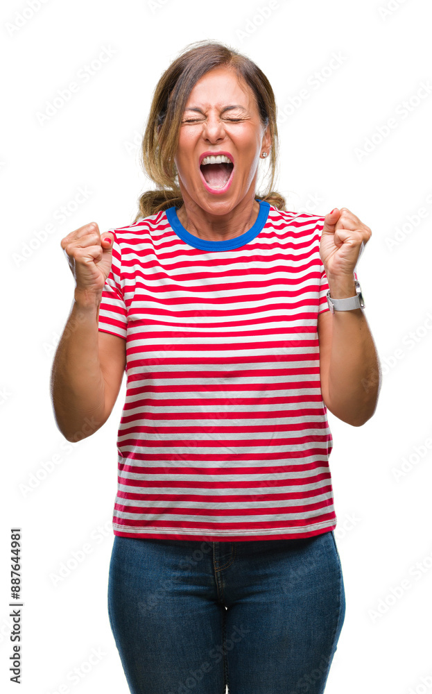 Middle age senior hispanic woman over isolated background celebrating mad and crazy for success with arms raised and closed eyes screaming excited. Winner concept Middle age senior hispanic woman over isolated background celebrating mad and crazy for success with arms raised and closed eyes screaming excited. Winner concept