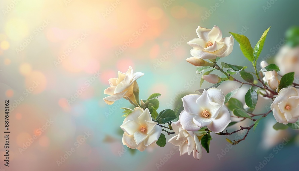 Fototapeta premium Vibrant Gardenias in Bloom - Detailed and Realistic Close-Up Shot with Bright Background