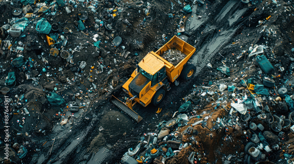 Aerial view of a yellow dump truck in a landfill with scattered waste, showcasing waste management challenges. Aerial view of a yellow dump truck in a landfill with scattered waste, showcasing waste management challenges.