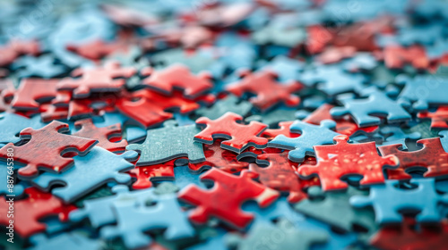 a mix of red and light blue jigsaw puzzle pieces.