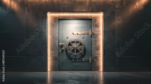 An old-fashioned vault door with a heavy wheel lock, set in a dimly lit room