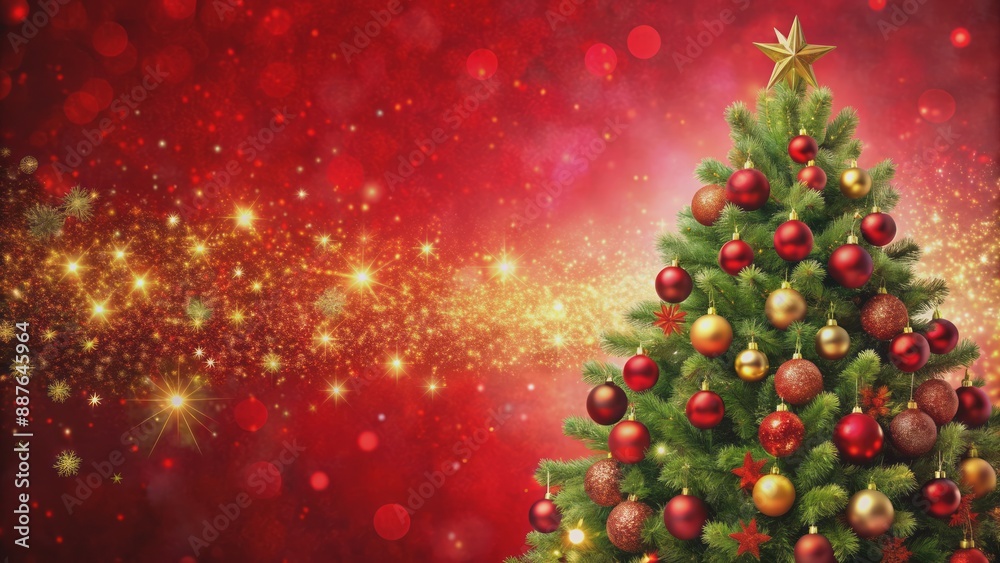 Vibrant red canvas background adorned with majestic Christmas tree, sparkling bokeh lights, and festive ornaments, perfect for winter holiday greetings. Vibrant red canvas background adorned with majestic Christmas tree, sparkling bokeh lights, and festive ornaments, perfect for winter holiday greetings.