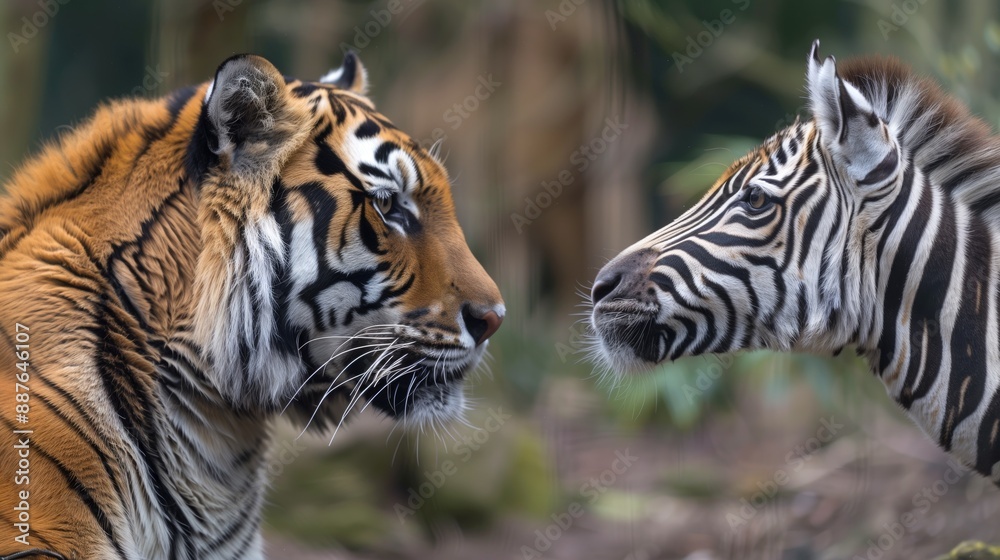Obraz premium Tiger and Zebra Face-to-Face Encounter
