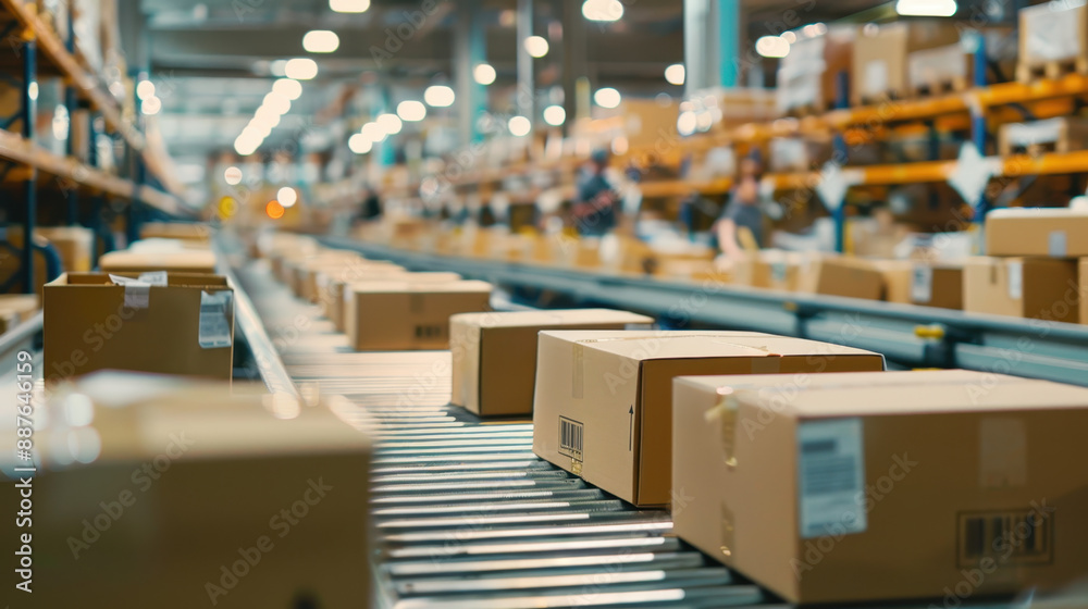 Conveyor belt with cardboard boxes in a large warehouse distribution center Conveyor belt with cardboard boxes in a large warehouse distribution center