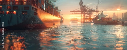 Cargo ships docked at a harbor during a golden sunset.