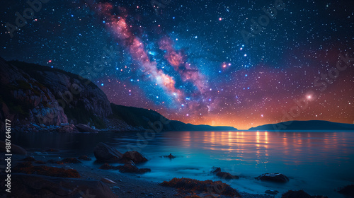 Milky way reflection on sea or lake with moutains at night
