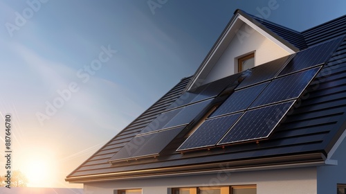 Close-up of a modern house with dark solar panels, reflecting sunlight, set against a clear sky, Photorealistic, Vibrant Colors