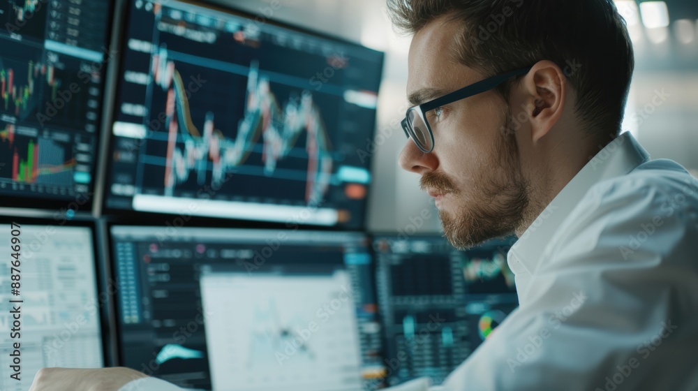 A financial analyst working on a computer with multiple screens displaying stock charts and data A financial analyst working on a computer with multiple screens displaying stock charts and data