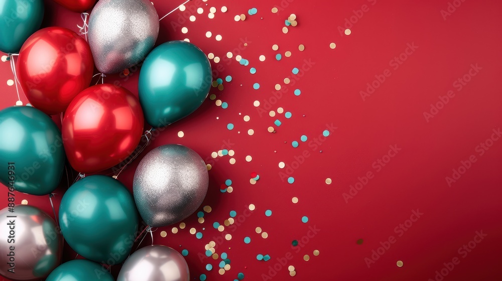 A festive arrangement with shiny red, teal, and silver balloons against a textured red background, with scattered gold confetti A festive arrangement with shiny red, teal, and silver balloons against a textured red background, with scattered gold confetti
