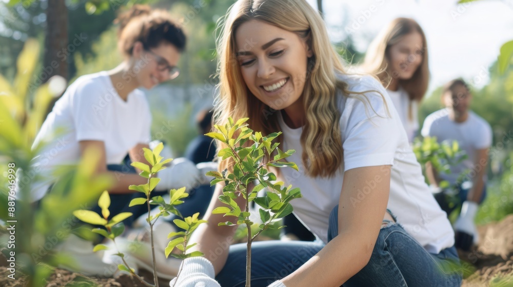 A diverse group of people planting trees in a community park, smiling and working together under a sunny sky A diverse group of people planting trees in a community park, smiling and working together under a sunny sky