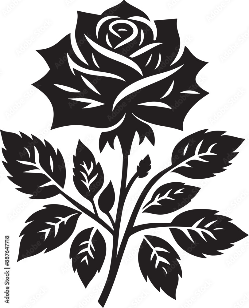 Fototapeta premium A rose silhouette stands gracefully, its petals softly unfurling in delicate layers. The elegant stem and thorny edges evoke a timeless symbol of beauty, love, and quiet strength.silhouettes of roses