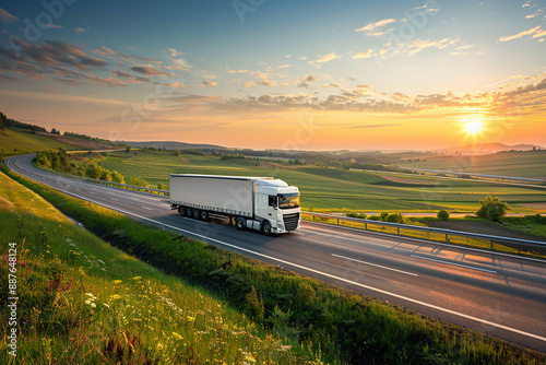 A white truck drives along a highway in a green countryside at sunset, under a picturesque sky with sunbeams