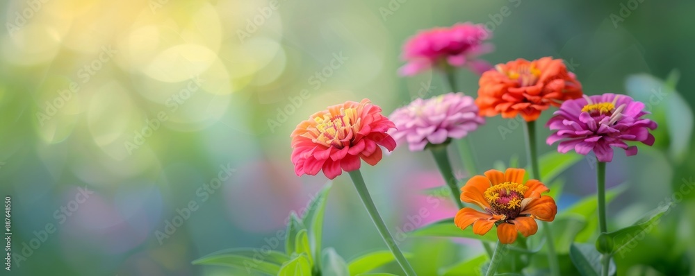 Vibrant Zinnia Flowers in Full Bloom Creating a Stunning Summer Scene with Reds, Oranges, and Pinks Against Lush Greenery Background Vibrant Zinnia Flowers in Full Bloom Creating a Stunning Summer Scene with Reds, Oranges, and Pinks Against Lush Greenery Background
