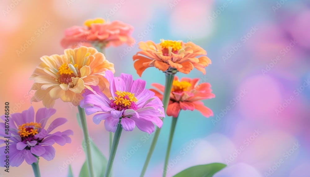 Blooming Beauty - Close-up of Vibrant Zinnia Flowers in Orange, Yellow, and Purple on Colorful Background with Soft Focus, Highly Realistic Blooming Beauty - Close-up of Vibrant Zinnia Flowers in Orange, Yellow, and Purple on Colorful Background with Soft Focus, Highly Realistic