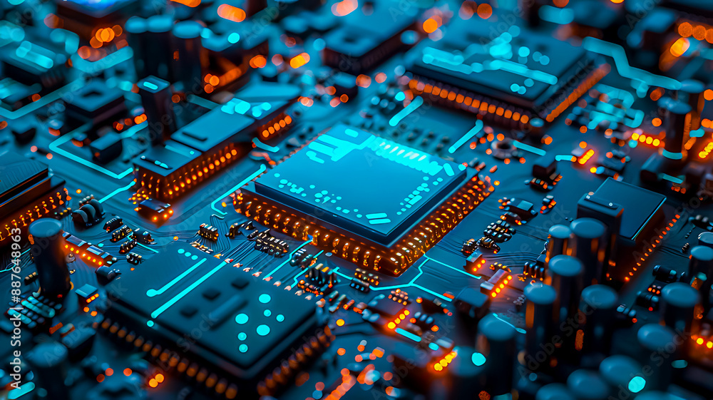 A sleek and advanced AI chip with intricate circuitry, glowing with blue and green lights, macro photography A sleek and advanced AI chip with intricate circuitry, glowing with blue and green lights, macro photography