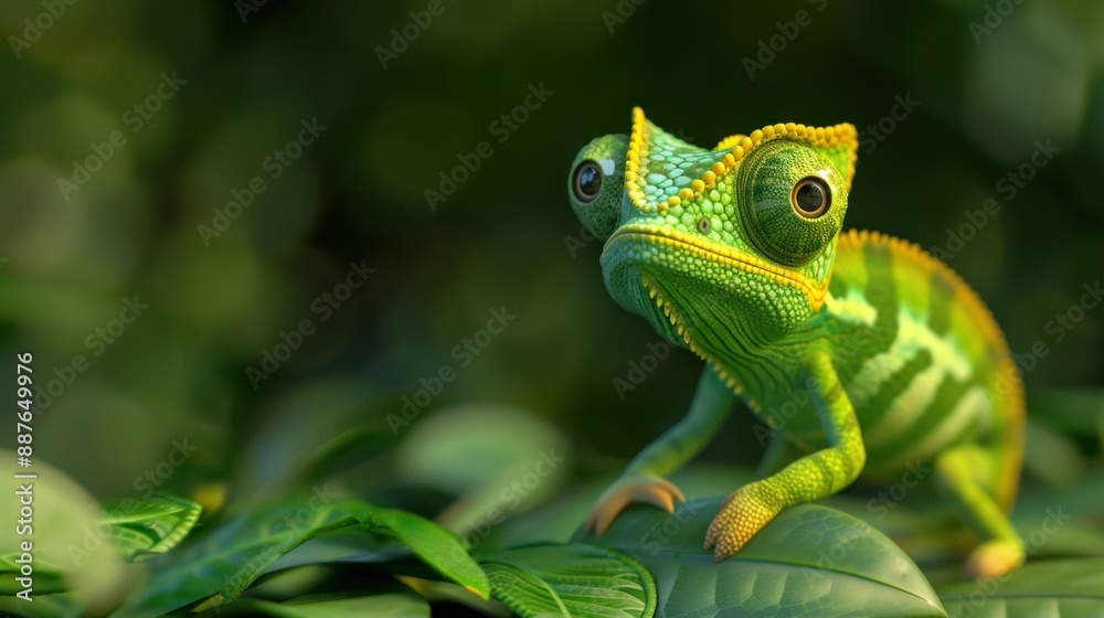 Fototapeta premium Close-up of a Green Chameleon on Leaves