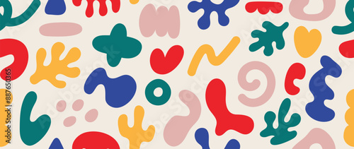 Colorful cute shape doodle in seamless pattern vector. Abstract art background design with childish scribble, doodle in vibrant color. Fun creative illustration for kids, fabric, prints, cover.