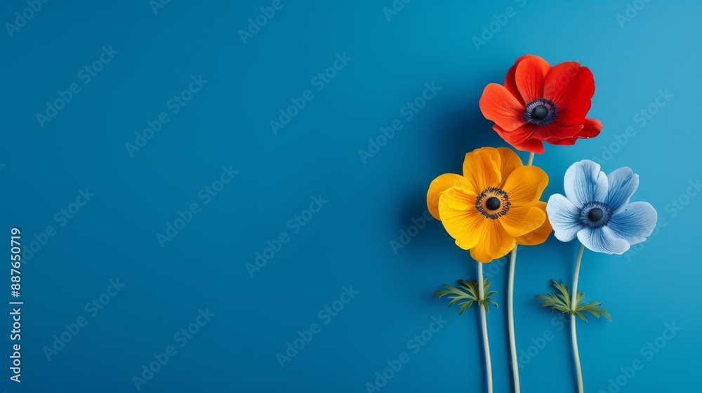 Radiant Anemone Flowers in Deep Crimson, Electric Blue, and Golden Yellow on Serene Background Radiant Anemone Flowers in Deep Crimson, Electric Blue, and Golden Yellow on Serene Background