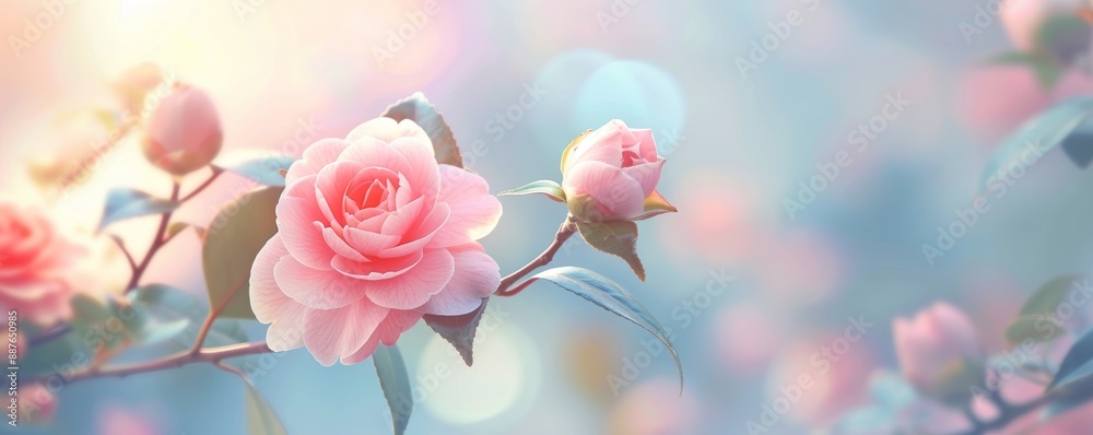 Obraz premium Delicate Pink Camellia Flowers in Detailed Bloom Against Softly Blurred Background