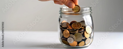 Hand placing a golden coin into a glass jar filled with coins saving money concept isolated on white background, side view saving money robotic tone black and white