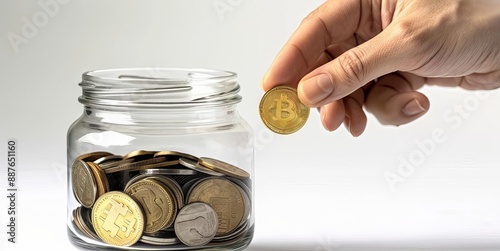 Hand placing a golden coin into a glass jar filled with coins saving money concept isolated on white background, side view saving money robotic tone black and white