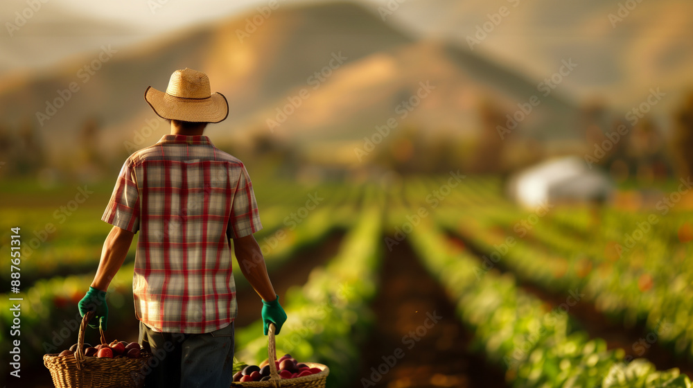 A man wearing a straw hat is walking through a field of vegetables