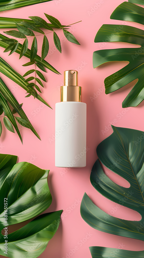 White cosmetic bottle surrounded by green leaves on pink background White cosmetic bottle surrounded by green leaves on pink background