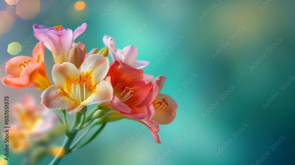 Vibrant Freesia Blossoms in Full Bloom - Close-up of Colorful Petals with Subtle Fragrance, Emphasizing Springtime Beauty Vibrant Freesia Blossoms in Full Bloom - Close-up of Colorful Petals with Subtle Fragrance, Emphasizing Springtime Beauty