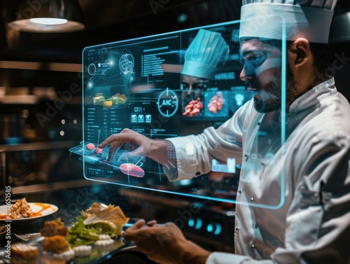 Fototapeta Naklejka Na Ścianę i Meble -  Chef Interacting with Futuristic Technology in a Restaurant Kitchen