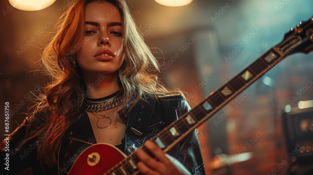 Obraz premium Rocker Chick Playing With A Red Electric Guitar, Bold And Rebellious, High Quality Background