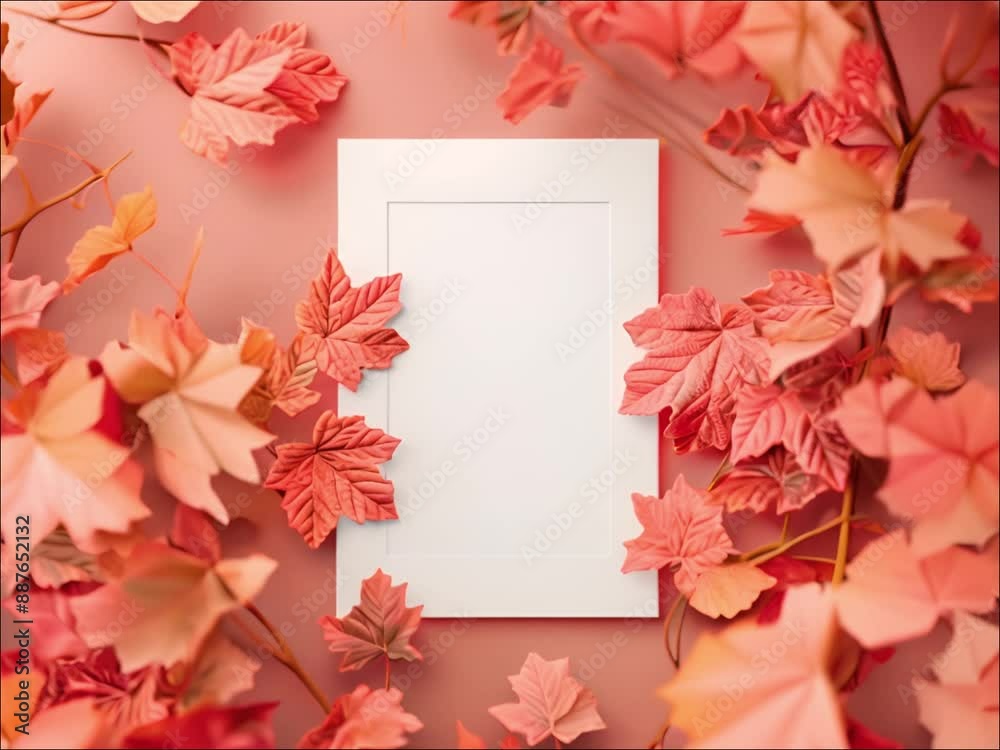 White empty paper, frame surrounded by autumn leaves slow backdrop. White empty paper, frame surrounded by autumn leaves slow backdrop.