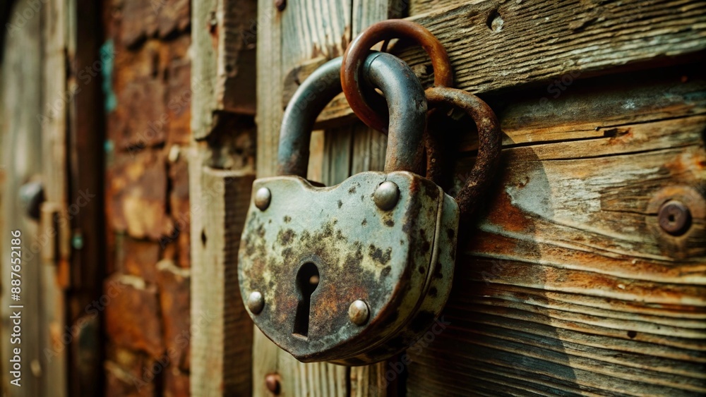 A close-up of an old, rusted padlock hanging on a weathered wooden door, with the grain of the wood and the rust patterns on the metal clearly visible A close-up of an old, rusted padlock hanging on a weathered wooden door, with the grain of the wood and the rust patterns on the metal clearly visible