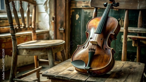 An old, weathered violin resting on a wooden chair, with visible scratches and worn strings, bathed in soft, natural light filtering through a nearby window