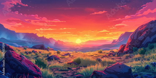 landscape, location with rocks and green grass around, sunset time, in cartoon style, flat vector style. 