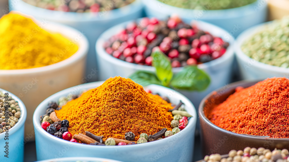 A variety of spices are displayed in bowls, including red pepper flakes, cumin A variety of spices are displayed in bowls, including red pepper flakes, cumin