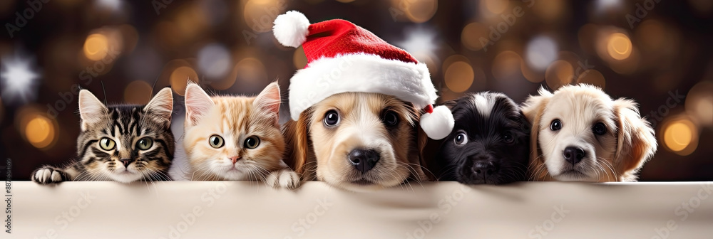 Christmas banner with cute puppy and kittens. Group of dogs and cats with red Santa hats above white banner looking at camera. Christmas signboard or gift card for pet shop or vet clinic. Christmas banner with cute puppy and kittens. Group of dogs and cats with red Santa hats above white banner looking at camera. Christmas signboard or gift card for pet shop or vet clinic.