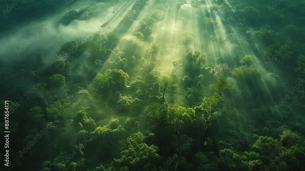 Fototapeta premium A sweeping aerial view of an ancient, mystical forest bathed in ethereal light; a blend of scientific marvel and fantasy, captured in high-resolution drone photography