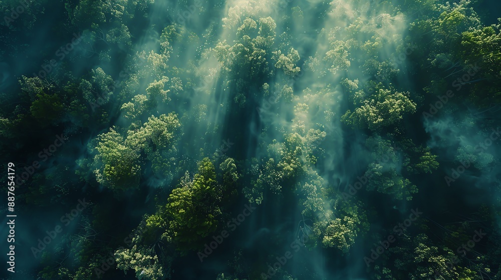 Naklejka premium A sweeping aerial view of an ancient, mystical forest bathed in ethereal light; a blend of scientific marvel and fantasy, captured in high-resolution drone photography