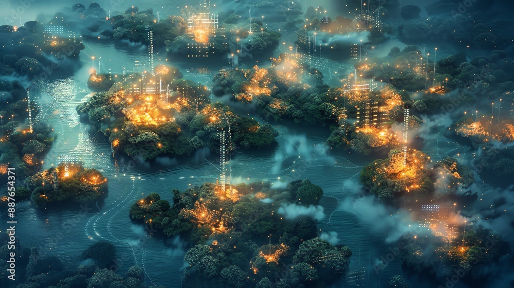 Obraz premium High-angle view of an ethereal fantasy world with floating islands, interconnected by luminous pathways, overlaid with stock market graphs and dynamic trading data, photorealistic