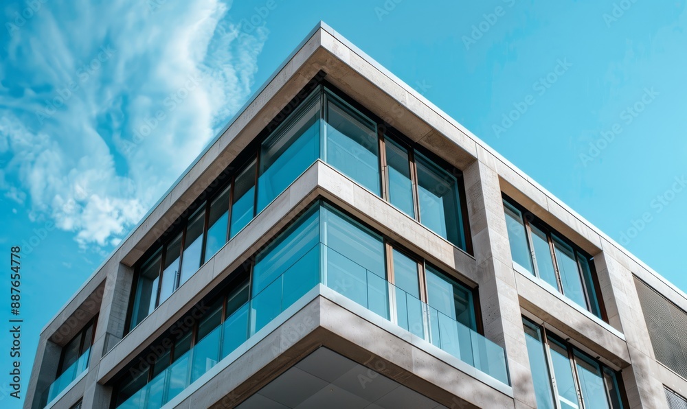 Abstract modern glass office building in downtown, view from below