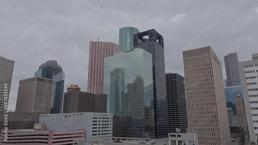 Rising shot of Houston skyline on an overcast day Rising shot of Houston skyline on an overcast day